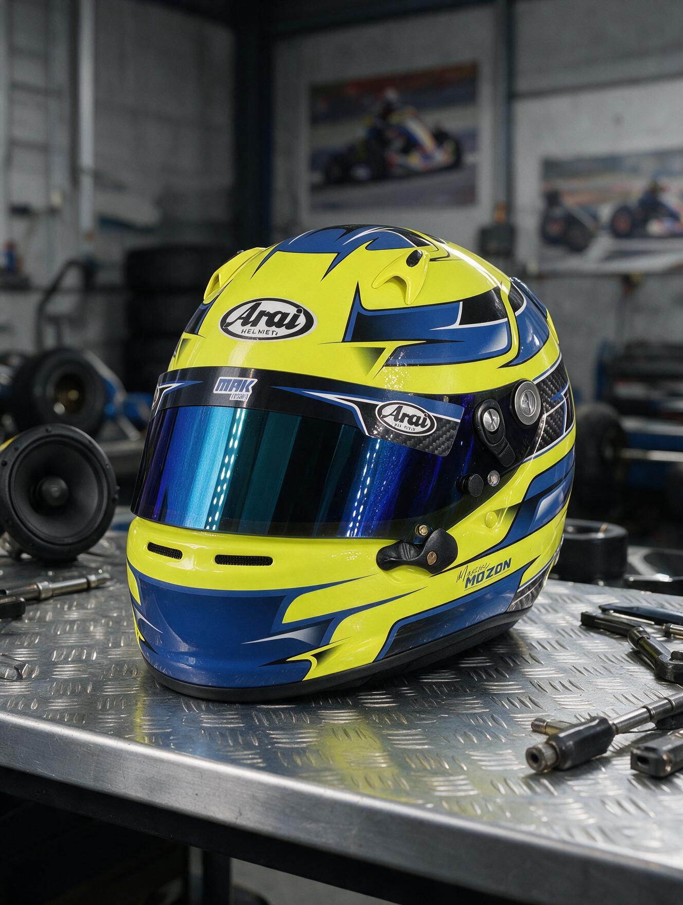 Casque Arai SK6 personnalisé jaune fluo et bleu marine, vue 3